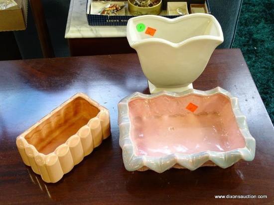 (FURNITURE ROW 1) 3 PIECES OF MCCOY POTTERY: 2 RECTANGULAR PLANTERS (1 IS 6.5"x3.5"x3". 1 IS