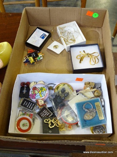 (FURNITURE ROW 1) TRAY LOT OF MISC. COSTUME JEWELRY AND PINS
