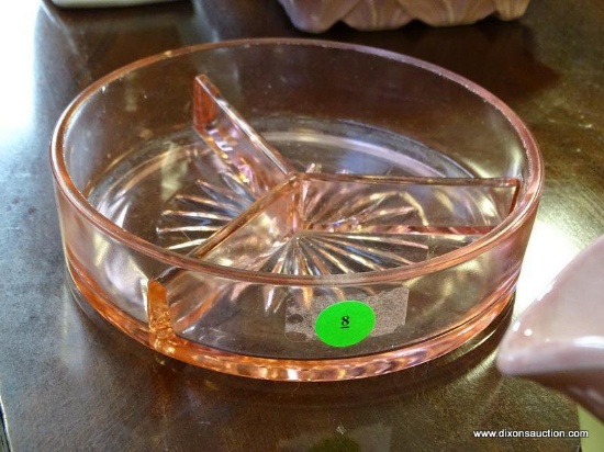 (FURNITURE ROW 1) PINK DEPRESSION GLASS 3 SECTION DIVIDED DISH: 7" DIA.