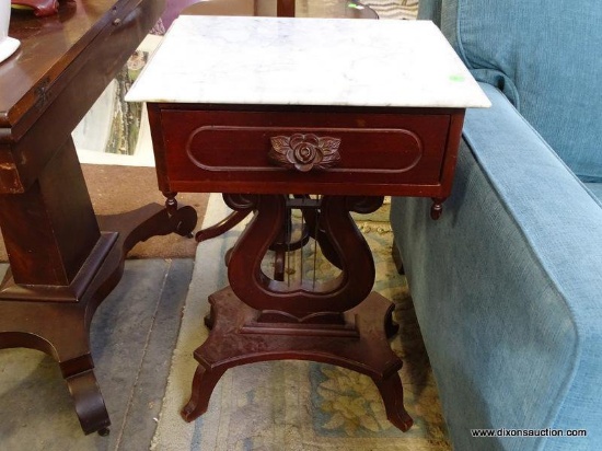 (FURNITURE ROW 1) PAIR OF PELHAM, SHELL, AND LECKIE CHERRY LYRE BASE MARBLE TOP END TABLES WITH 1