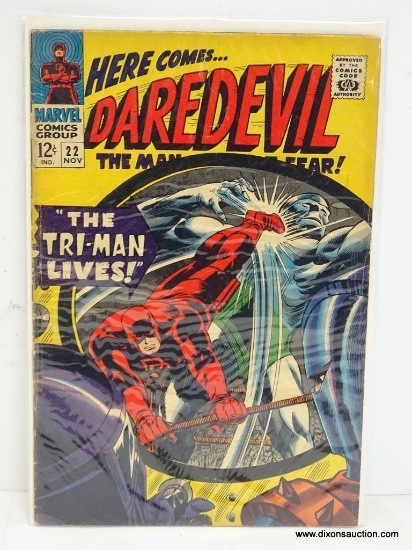 HERE COMES DAREDEVIL THE MAN WITHOUT FEAR! " THE TRI-MAN LIVES!" ISSUE NO. 22 1966 B&B VGC $0.12