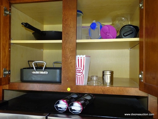 (K) CONTENTS OF CABINET OVERTOP OF FRIDGE. INCLUDES A WOK, A LARGE ROASTING PAN (NO TOP INCLUDED), 3