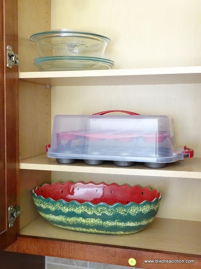 (K) LEFT HAND SIDE OF CABINET. INCLUDES A ONEIDA HAND PAINTED WATERMELON DISH 16.25'' LONG, A DOUBLE