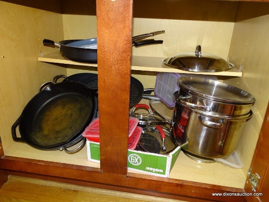 (K) CONTENTS OF BOTTOM SET OF CABINETS AND 2 DRAWERS BY FRIDGE. INCLUDES A KAFUH CHOPSTICK REST 4 PC