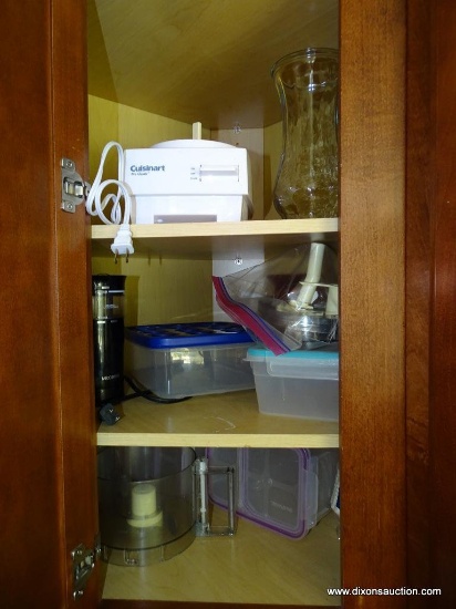 (K) UPPER CORNER CABINET LOT THAT INCLUDES A CUISINART FOOD PROCESSOR (APPEARS TO HAVE ALL PARTS AND