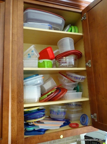 (K) RIGHT HAND CABINET FILLED WITH PLASTIC WARE. VARIOUS SIZES AND COLORS.