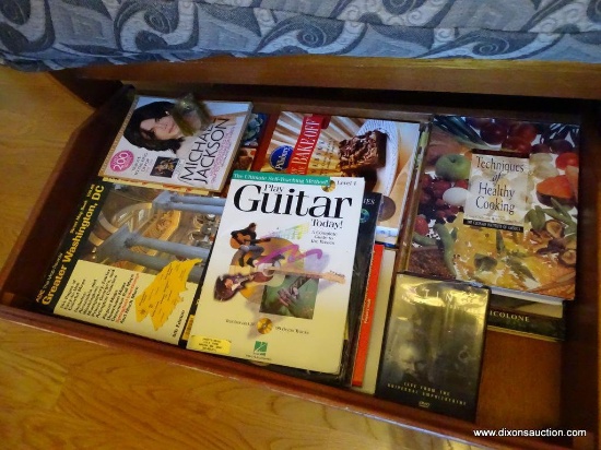 (LR) BOOK LOT IN LEFT HAND TRUNDLE DRAWER. INCLUDES SOME NICE COOK BOOKS. MOST ARE HARD BACK AND IN
