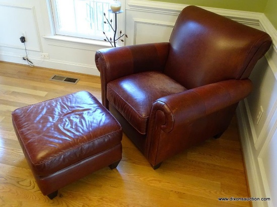 (LR) RAPALLO LEATHER COMPANY LEATHER ARM CHAIR WITH MATCHING OTTOMAN. BOTH DO SHOW SOME WEAR FROM