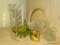 (LR) MISC. LOT: FREE STANDING GLASS PICTURE FRAME. GLASS BASKET WITH HANDLE. GREEN GLASS SWAN. AND