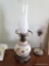 (LR) BRASS AND PORCELAIN OIL LAMP WITH CHIMNEY CONVERTED TO ELECTRIC: 24
