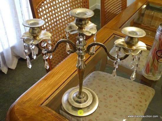 (LR) SILVER PLATE CANDELABRA WITH PRISMS: 13"x13"