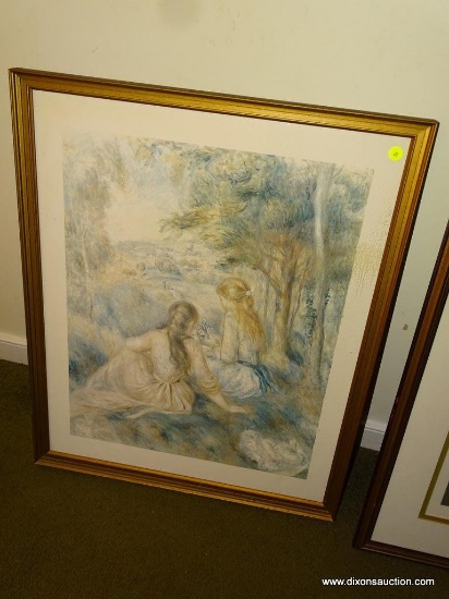 (LR) FRAMED PRINT OF 2 YOUNG GIRLS SITTING DOWN BENEATH TREES. SIGNED LENOIR. HAS COA ON THE BACK.