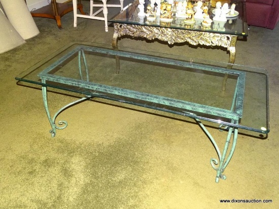 (LR) BEVELED GLASS AND WROUGHT IRON COFFEE TABLE: 50"x24"x16"