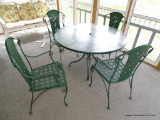 (PORCH) CAST IRON AND PLEXIGLASS TOP OUTDOOR UMBRELLA TABLE AND 4 CHAIRS. TABLE: 48