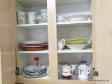 (KIT) CONTENTS OF 2 CABINETS: COFFEE MUGS. SYRUP DISPENSER. MISC. MIKASA CHINA IN THE ANTIQUE GREEN