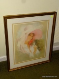 (LR) FRAMED AND DOUBLE MATTED PRINT OF A WOMAN WITH A BOUQUET OF FLOWERS. IN GOLD AND BROWN FRAME: