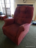 (LR) MAROON UPHOLSTERED ROCKING AND SWIVEL ARMCHAIR: 32