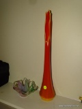 (LR) 2 PIECES OF ART GLASS: ORANGE AND RED ART GLASS VASE: 20