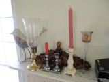 (LR) MISC. LOT: PAIR OF SILVER TONED CANDLESTICK HOLDERS. BRASS CANDLESTICK HOLDER WITH HURRICANE