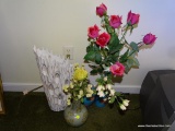 (LR) LOT OF HAND PAINTED VASES: 2 WITH ROSES. 1 IS AN ORIENTAL STYLE WITH FLOWER ARRANGEMENT. ETC.