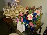 (LR) LARGE LOT OF MISC. VASES (SOME WITH FLOWER ARRANGEMENTS): SOME COLORED GLASS. 1 PURSE STYLE