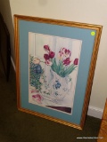 (HALL) FRAMED, DOUBLE MATTED, SIGNED, AND NUMBERED PRINT OF A FLORAL STILL LIFE. SIGNED JUDY NEWCOMB