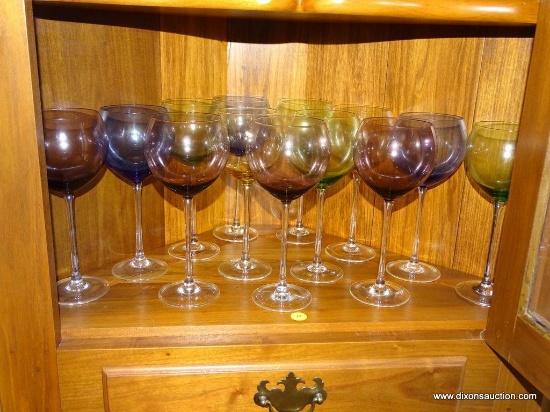 (DR) SHELF LOT OF VARIOUS COLORED WINE STEMS