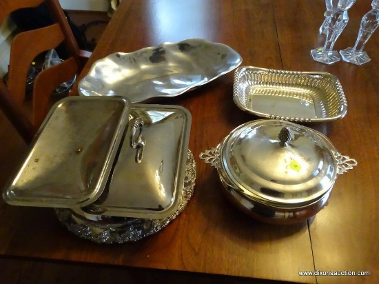 (DR) MISC. LOT OF SILVERPLATE: GODINGER SERVING PLATTER. SERVING DISH WITH GLASS INSERT AND LID WITH