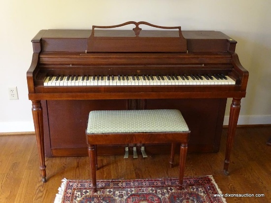 (LR) WURLITZER CONSOLE PIANO ON CASTERS FOR EASY MOVEMENT: 54.5"x25"x38". WITH MATCHING STOOL: