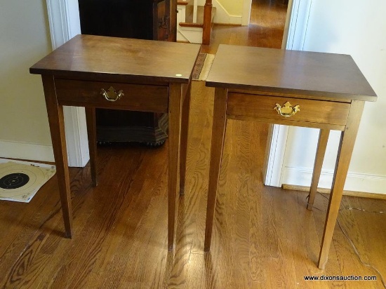 (LR) PAIR OF E.A. CLORE HEPPLEWHITE 1 DRAWER END TABLES WITH BRASS CHIPPENDALE PULLS: 20"x18"x28".