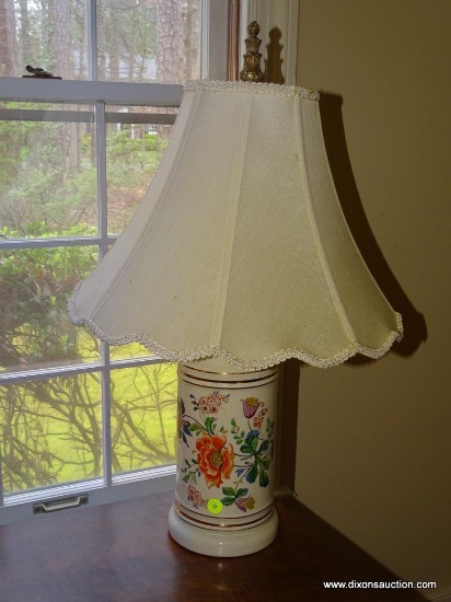 (LR) PAIR OF FLORAL PAINTED PORCELAIN LAMPS WITH SHADES AND FINIALS: 25" TALL