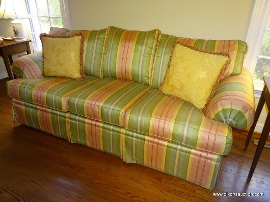 (LR) BASSETT 3 CUSHION SOFA IN STRIPED UPHOLSTERY: 86"x36"x36". IN EXCELLENT CONDITION AND READY FOR