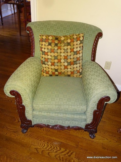 (LR) 1 OF A PAIR OF QUEEN ANNE FOOTED GREEN UPHOLSTERED CHAIRS: 36"x36"x35". VERY COMFORTABLE
