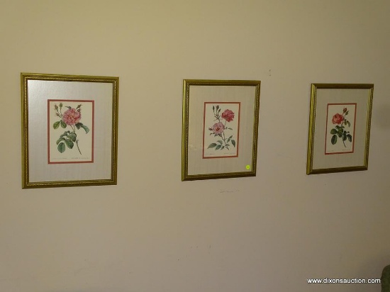 (LR) SET OF 3 FRAMED AND DOUBLE MATTED PRINTS OF ROSES IN GOLD TONED FRAMES: 14"x17"