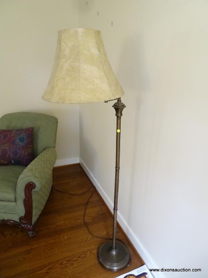 (LR) BRONZE TONED FLOOR LAMP WITH ADJUSTABLE ARM. HAS SHADE AND FINIAL: 61" TALL