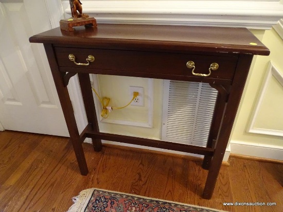 (FH) E.A. CLORE HALL TABLE WITH 1 DRAWER AND CANTED BASE. HAS BRASS PULLS: 30"x12"x30". HAS A