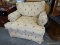 (ROW 5) TAN UPHOLSTERED ARMCHAIR WITH MONKEY PLAYING TRUMPET PATTERN: 40