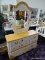 (ROW 6) WHITE PAINTED AND MAPLE 6 DRAWER AND 1 DOOR DRESSER WITH MIRROR IN A FLORAL THEME: