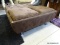(ROW 6) 2 CUSHION BROWN SUEDE UPHOLSTERED BENCH. CUSHIONS LIFT TO REVEAL STORAGE. THE CUSHIONS ALSO