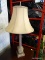(ROW 2) MODERN COLUMN STYLE LAMP WITH SHELL CARVED ACCENT. HAS SHADE AND FINIAL: 34