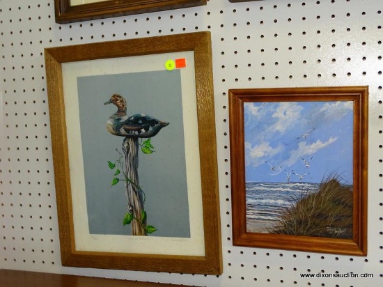 (ROW 2) 2 FRAMED ITEMS: 1 OF A DUCK DECOY "THE OLD DECEIVER" BY HERBERT ? (207/2000): 14"x18". AND 1