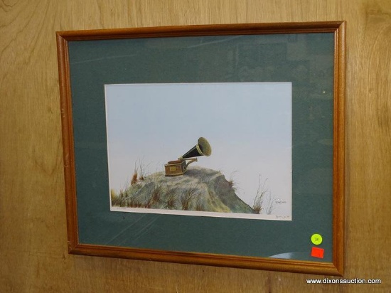 (ROW 2) FRAMED AND MATTED PRINT BY HERB JONES "WAITING FOR HIS MASTER'S VOICE". HAS DUAL SIGNATURES.