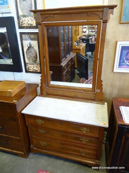 (ROW 2) VICTORIAN WALNUT AND MARBLE TOP MIRRORED DRESSER WITH 3 DRAWERS (HAVE BRASS CHIPPENDALE