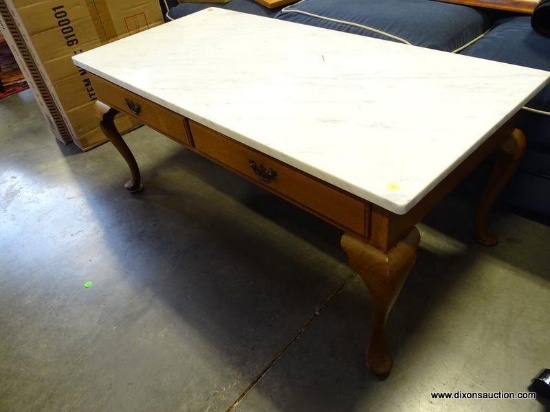 (ROW 2) SUTERS FURNITURE CO. MARBLE TOP QUEEN ANNE 2 DRAWER COFFEE TABLE: 42"x20"x18.5". DELIVERY IS