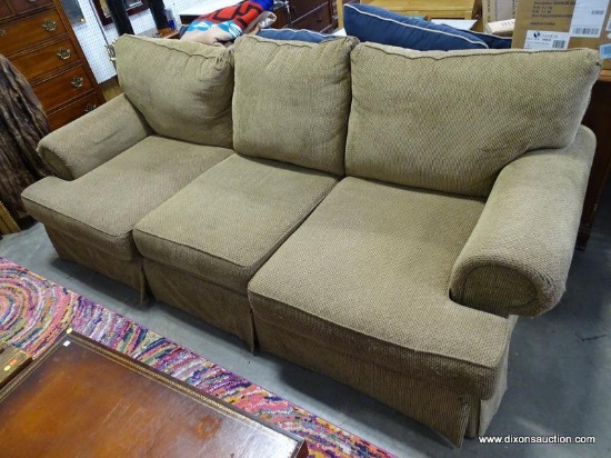 (ROW 2) AMERICAN SIGNATURE 3 CUSHION SOFA IN BEIGE: 98"x42"x37". DELIVERY IS AVAILABLE ON THIS ITEM