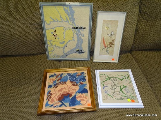 (ROW 2) LOT OF 4 FRAMED ITEMS: 1 CROSS-STITCH OF NAGS HEAD, NC: 15"x18.5". 1 OF FLOWERS WITH BIRDS:
