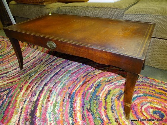 (ROW 2) LEATHER TOP AND MAHOGANY COFFEE TABLE: 38"x19.5"x16". DELIVERY IS AVAILABLE ON THIS ITEM