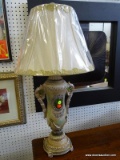 (ROW 2) MODERN DESIGNER STYLE LAMP WITH GREEN STONE STYLE ACCENTS AND RHINESTONES. HAS SHADE AND