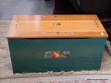 (ROW 1) GREEN PAINTED AND MAPLE FRUIT PATTERNED TOY CHEST/STORAGE BOX: 30