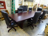 (ROW 1) 6 MATCHING LEATHER AND CHERRY FINISH CONFERENCE TABLE/OFFICE ARMCHAIRS: 25